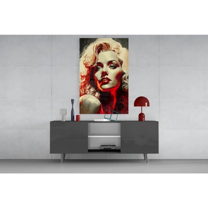 Vibrant pop-art Marilyn Monroe glass wall art with blonde curls and red accents on gray console