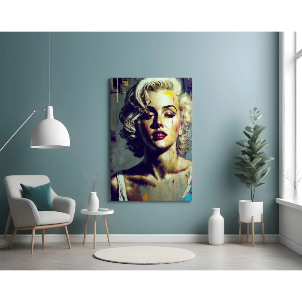 Vibrant Marilyn Monroe pop art glass wall print with bold red lips