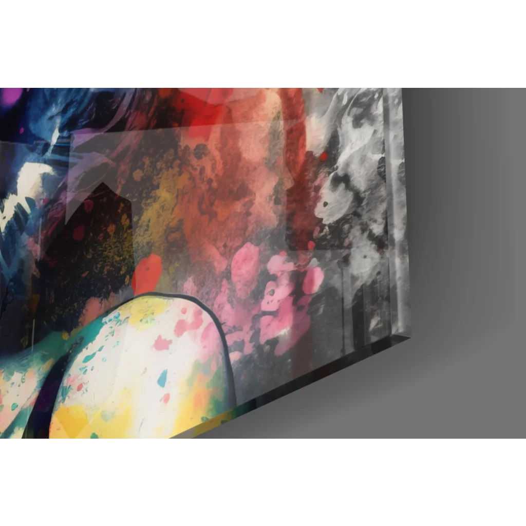 Vibrant abstract glass wall art with red, pink, yellow, blue splashes on gray