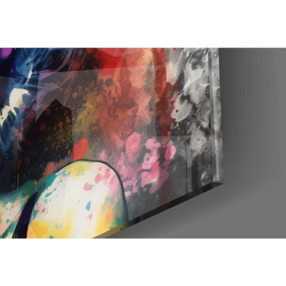 Vibrant abstract glass wall art with red, pink, yellow, blue splashes on gray