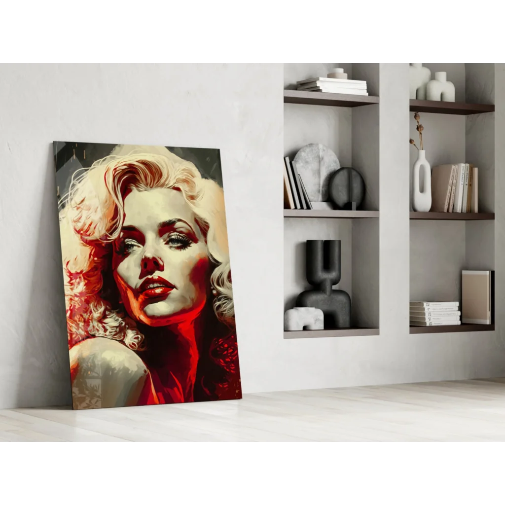 Vibrant Marilyn Monroe pop art glass wall piece in red and gold