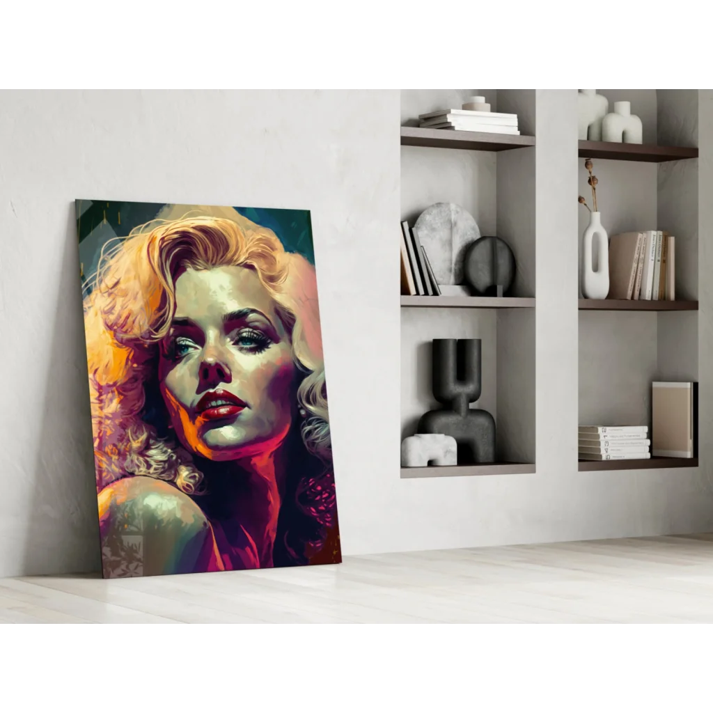 Vibrant pop art Marilyn Monroe canvas wall art with golden curls and red lips