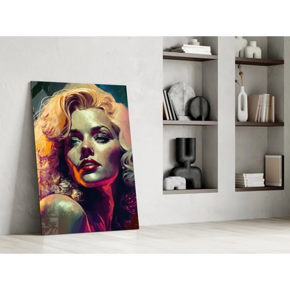 Vibrant pop art Marilyn Monroe canvas wall art with golden curls and red lips