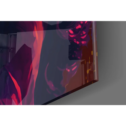 Vibrant red purple abstract on glass wall art with bold lips