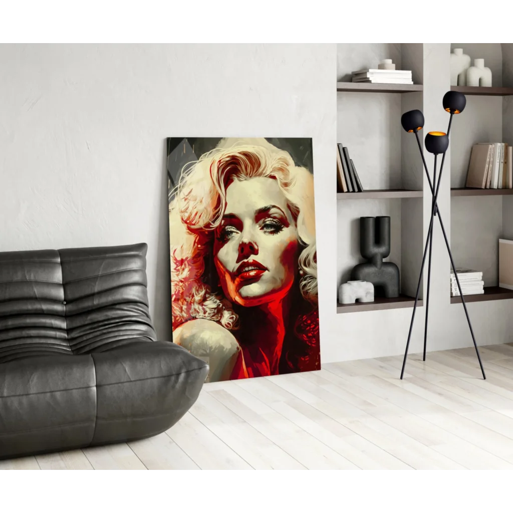 Stunning Marilyn Monroe pop art glass wall piece with vibrant blonde curls and red lighting