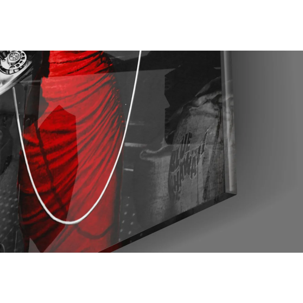 Glossy red Marilyn Monroe dress wall art print with bold white curve