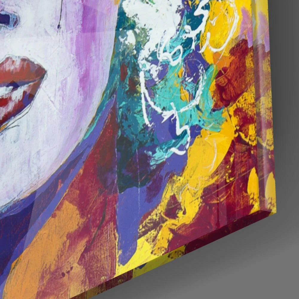 Marilyn Monroe pop art glass wall art with vibrant purple, yellow, teal, red strokes and stylized face