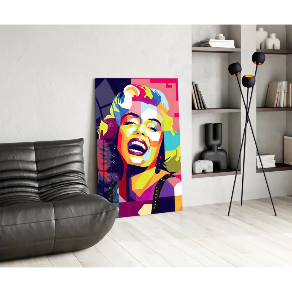 Vibrant Marilyn Monroe pop art glass wall art in bold neon colors