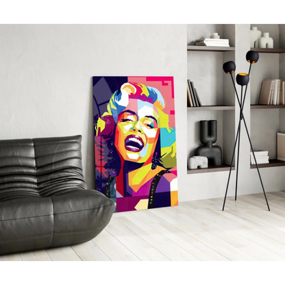 Vibrant Marilyn Monroe pop art glass wall art in bold neon colors