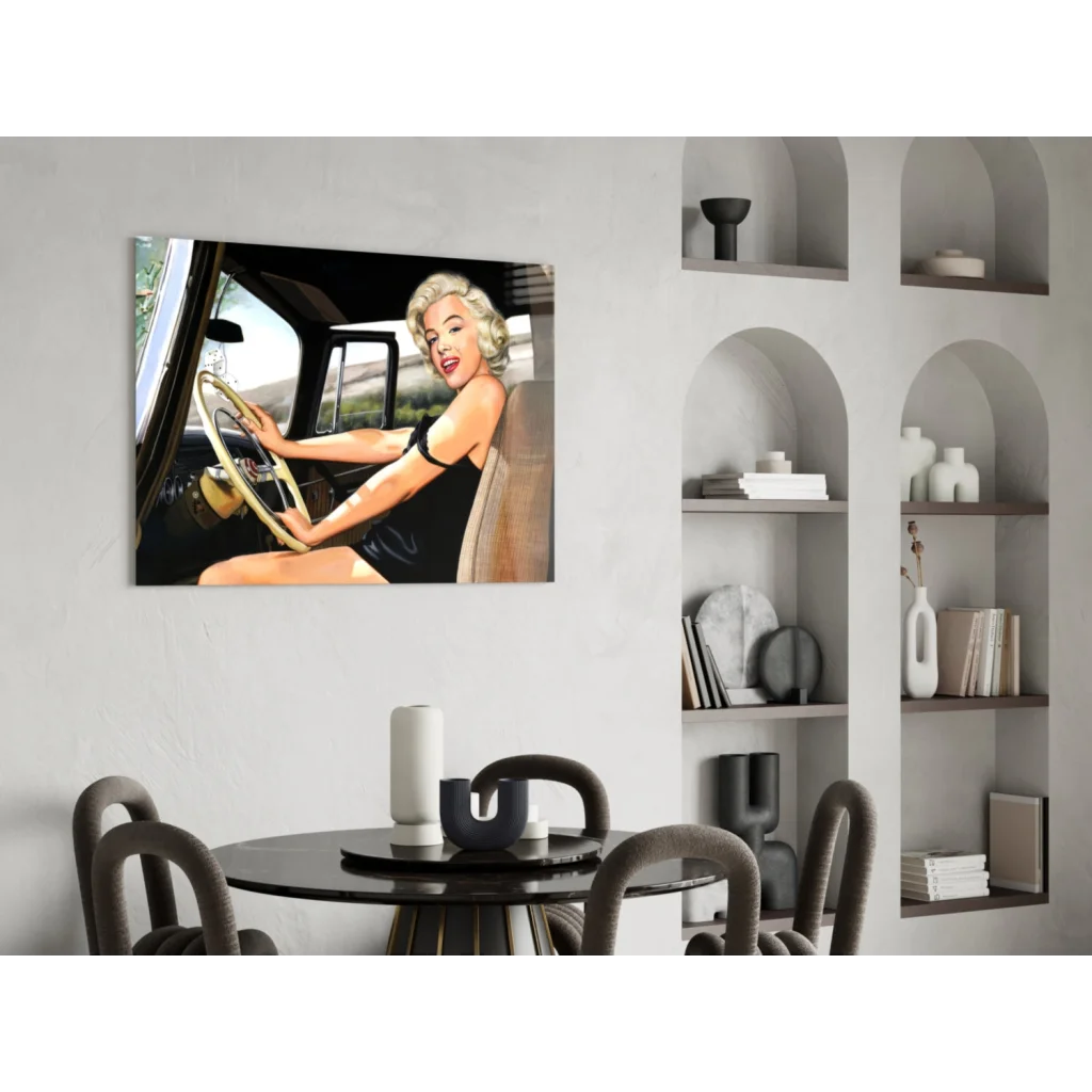 Vibrant pop-art Marilyn Monroe in black dress driving vintage car wall art canvas