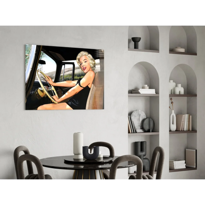 Vibrant pop-art Marilyn Monroe in black dress driving vintage car wall art canvas