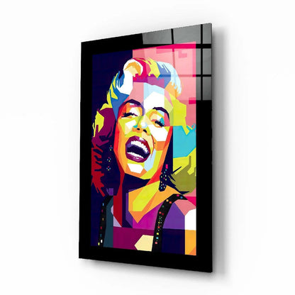 Vibrant Marilyn Monroe pop art on glossy glass wall art panel with bold colors and black frame