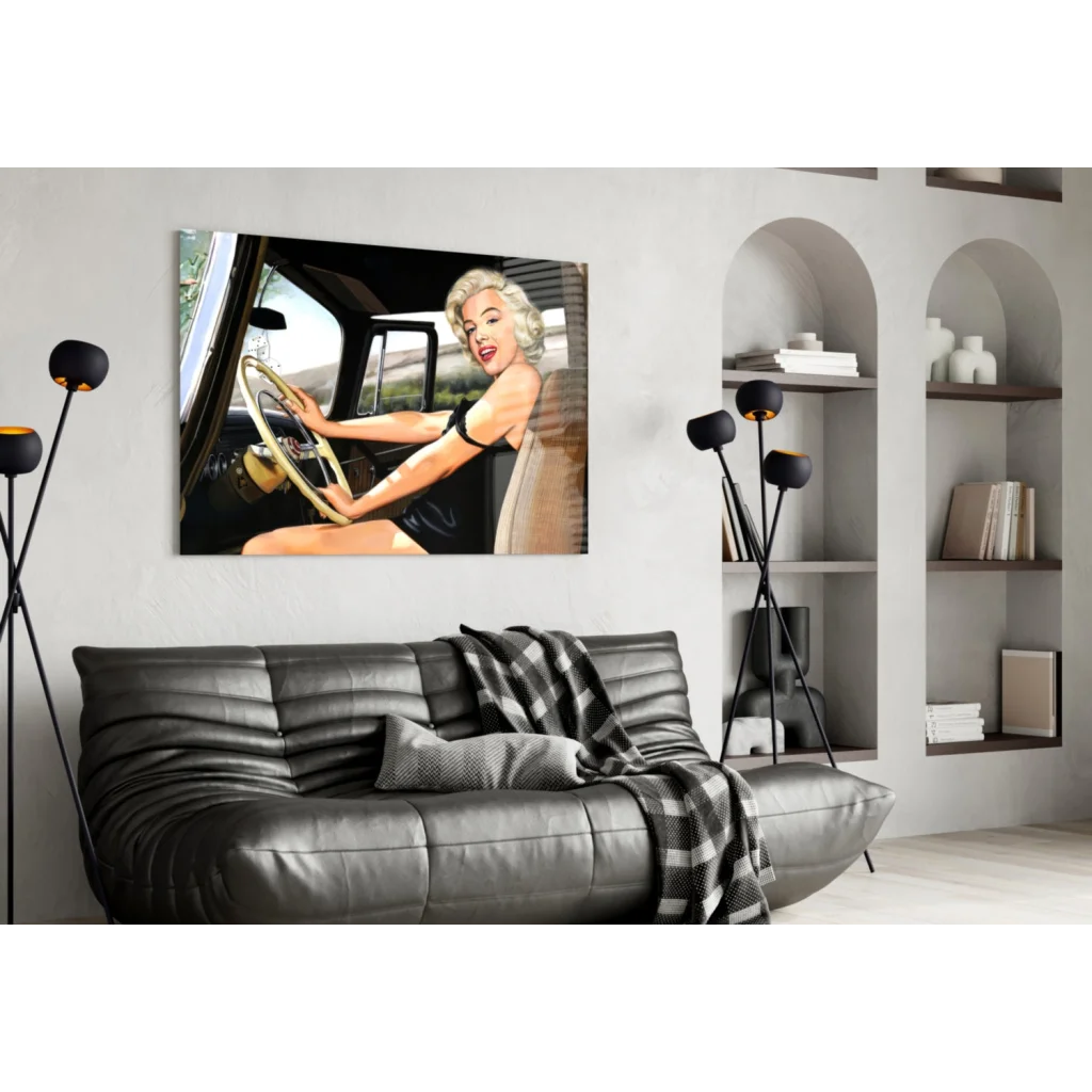 Marilyn Monroe smiling in black dress at vintage car wheel - wall art canvas print