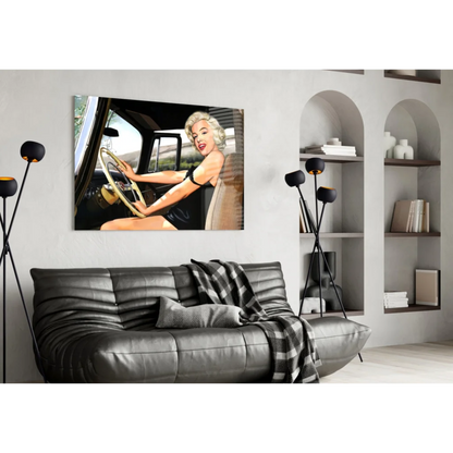 Marilyn Monroe smiling in black dress at vintage car wheel - wall art canvas print