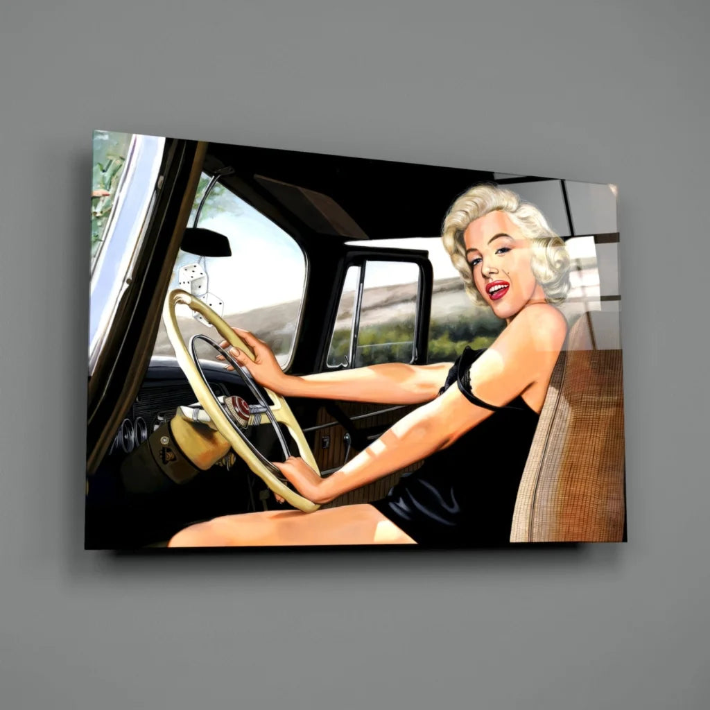 Marilyn Monroe in black dress driving vintage car wall art canvas print