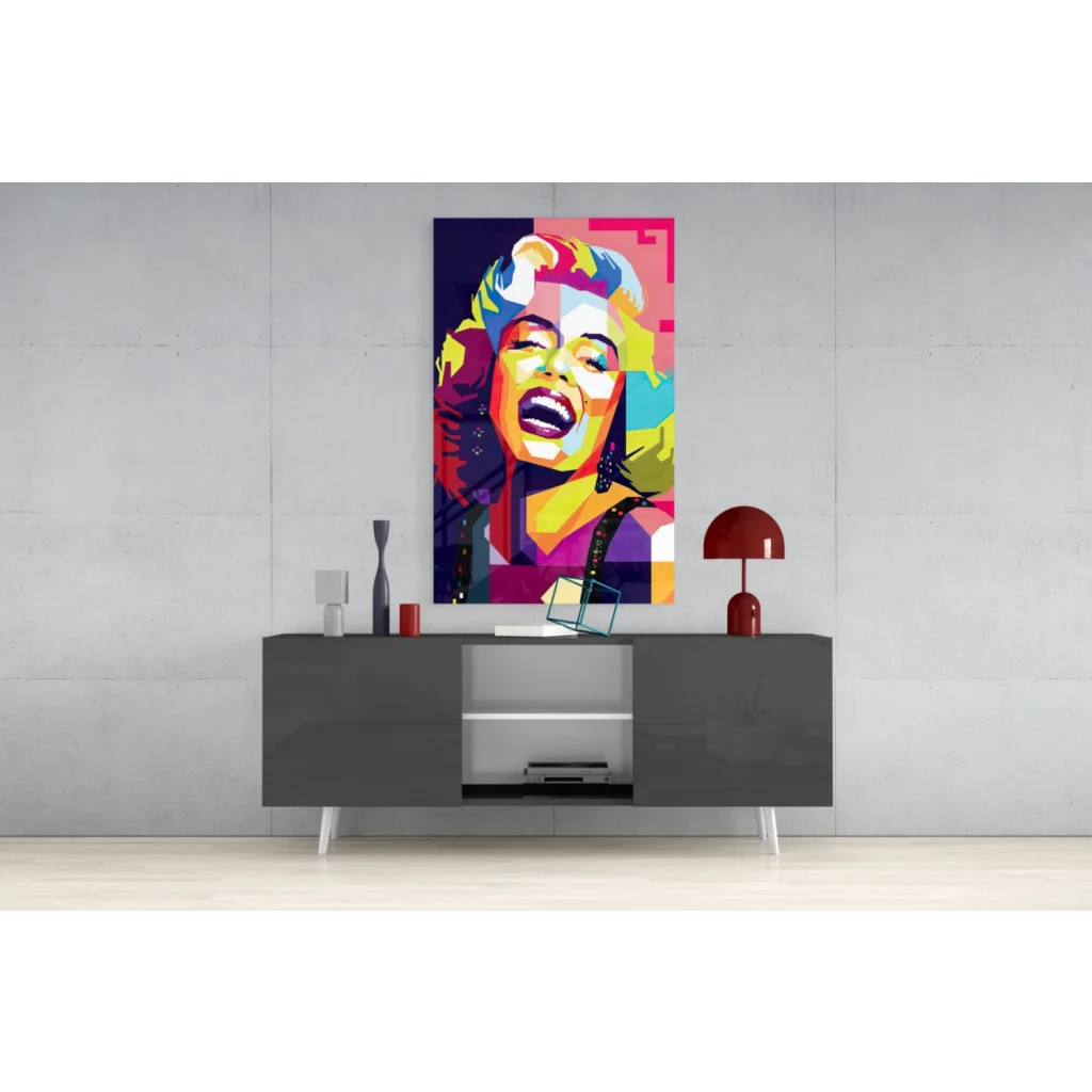 Vibrant Marilyn Monroe pop art glass wall art in bold neon colors