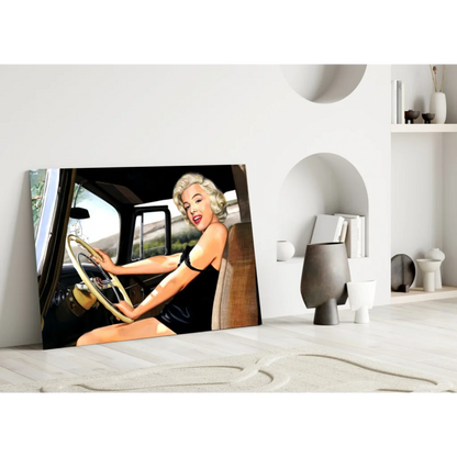 Marilyn Monroe in black dress at vintage car wheel, wall art canvas print