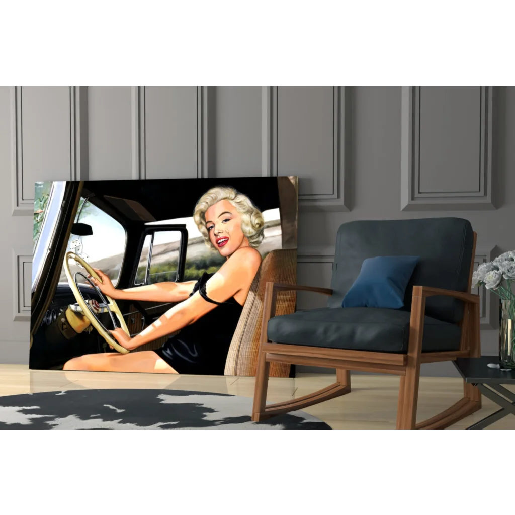 Marilyn Monroe in black dress driving vintage car wall art canvas print