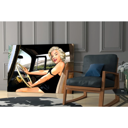 Marilyn Monroe in black dress driving vintage car wall art canvas print