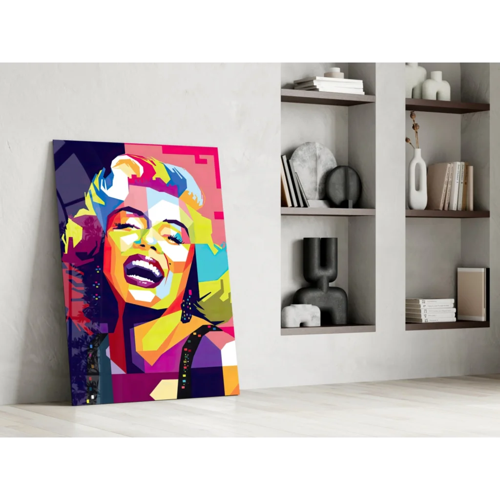 Vibrant Marilyn Monroe pop art glass wall art in bold neon colors