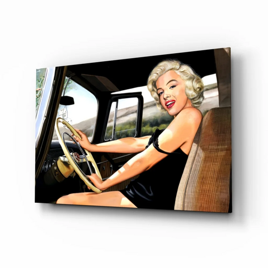 Marilyn Monroe in black dress driving vintage car wall art canvas print