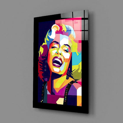 Vibrant Marilyn Monroe pop art glass wall art print in bold geometric style