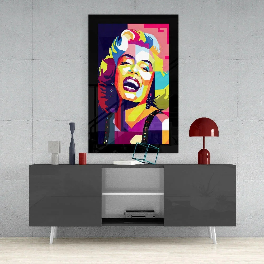 Vibrant pop art Marilyn Monroe glass wall art in black frame