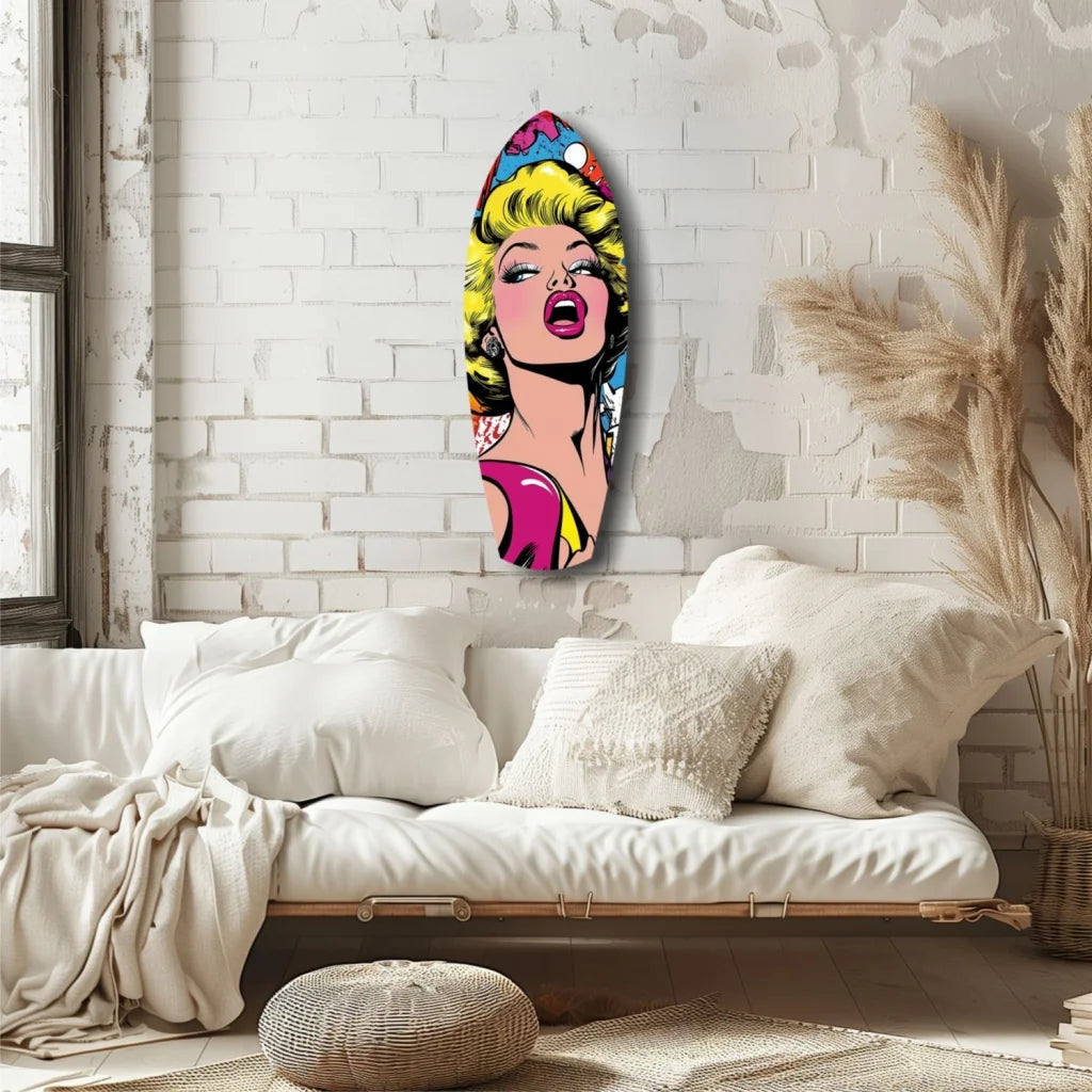 Vibrant Pop Art Surfboard Tempered Glass Art with Blonde Bombshell