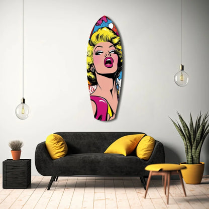 Vibrant Pop Art Surfboard Tempered Glass Art with Blonde Bombshell