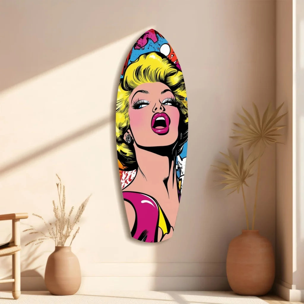 Vibrant pop art surfboard tempered glass art with blonde bombshell