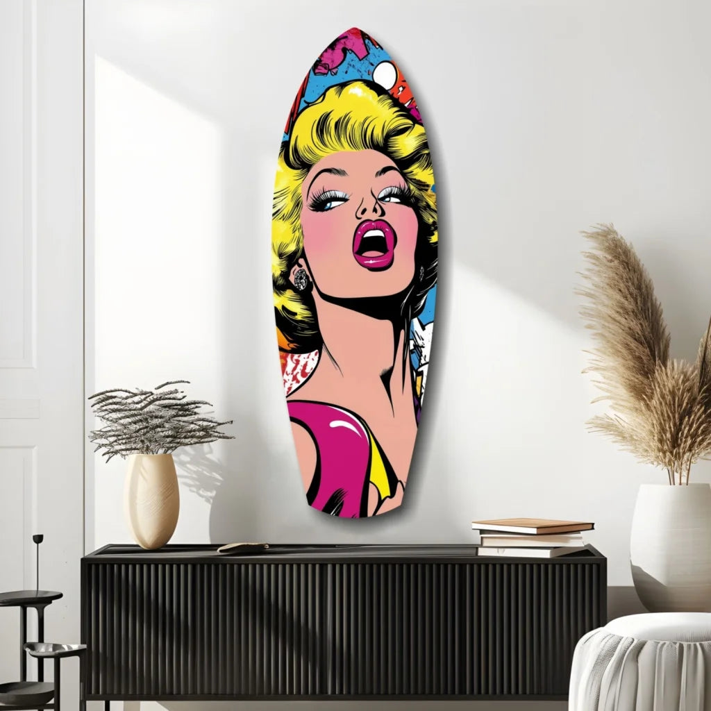 Vibrant pop art surfboard tempered glass art with blonde bombshell