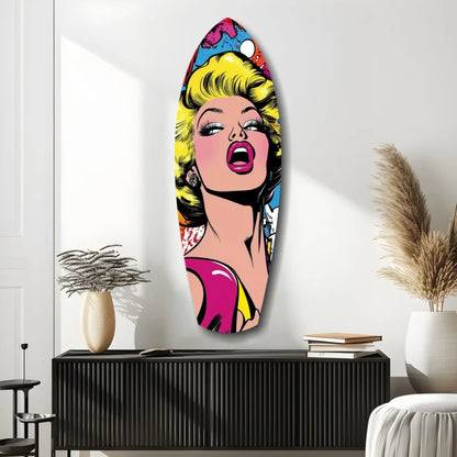 Vibrant pop art surfboard tempered glass art with blonde bombshell
