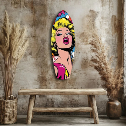 Pop Art Surfboard Tempered Glass Art with Blonde Bombshell | Modern Wall Art Decor | vintageantiquesgifts.com