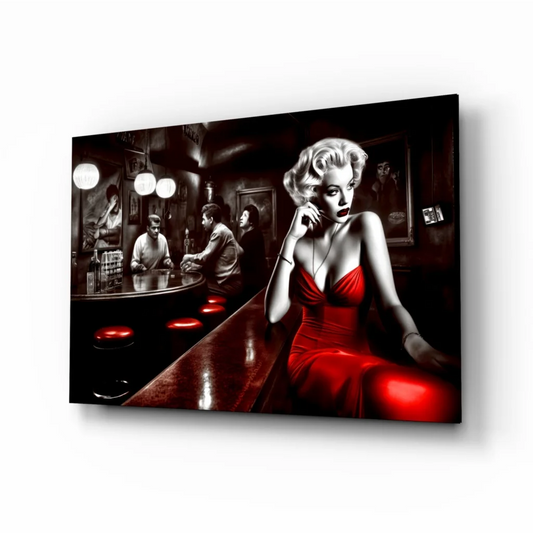 Red Marilyn Monroe in dress bar scene glass wall art canvas print