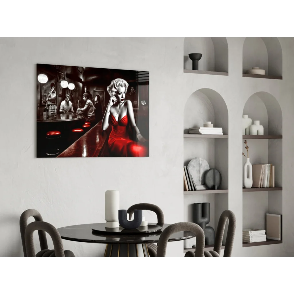 Marilyn Monroe red dress bar scene glass wall art canvas print