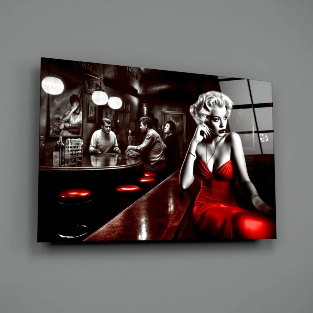 Red Marilyn Monroe in dress on black and white bar scene glass wall art