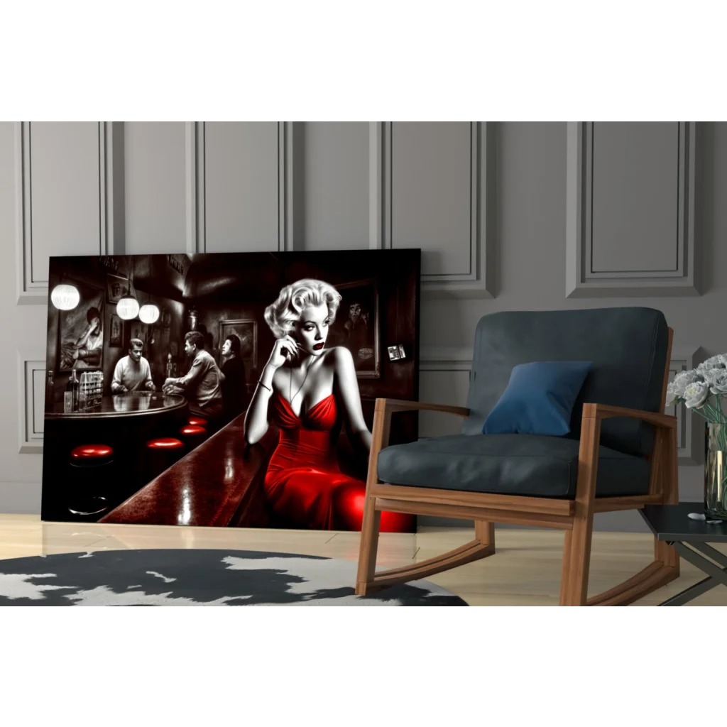 Marilyn Monroe red dress bar scene glass wall art canvas print
