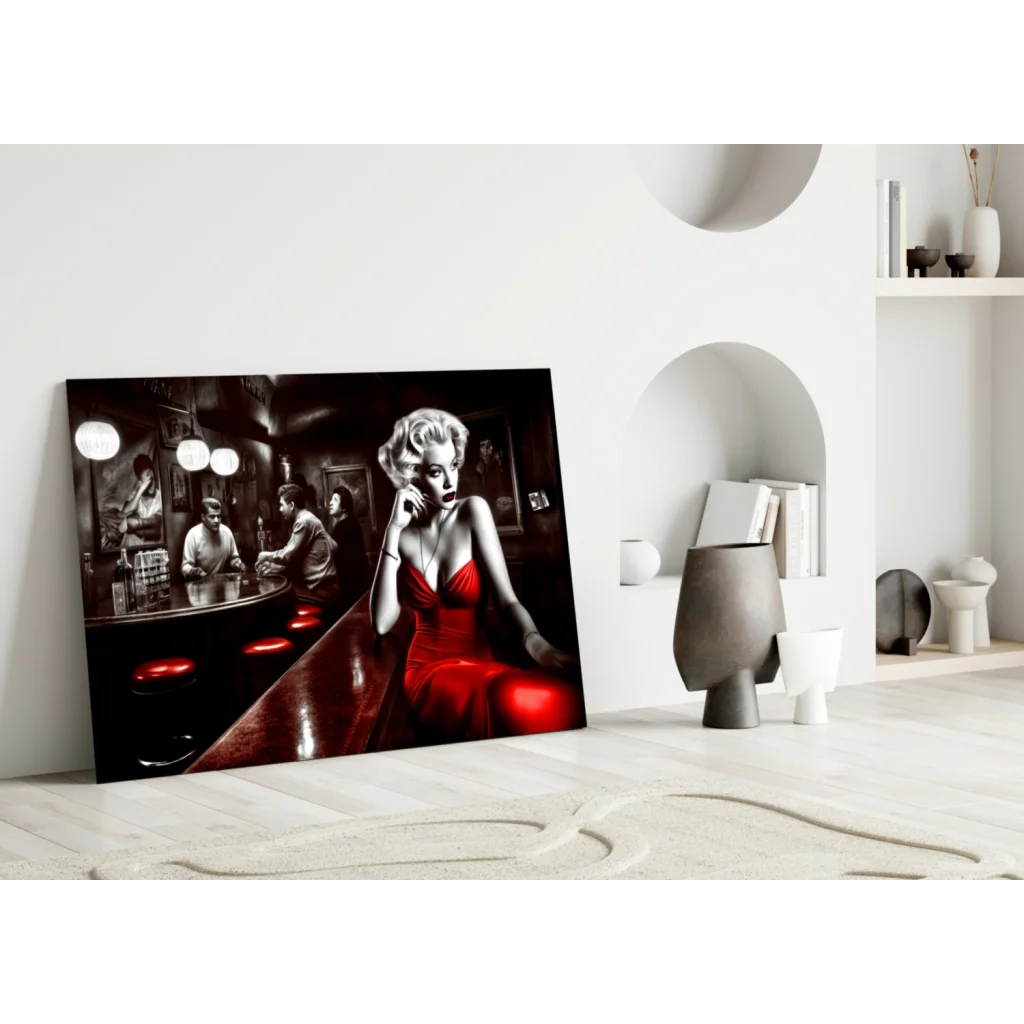 Marilyn Monroe red dress bar scene glass wall art canvas print