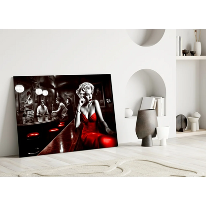 Marilyn Monroe red dress bar scene glass wall art canvas print