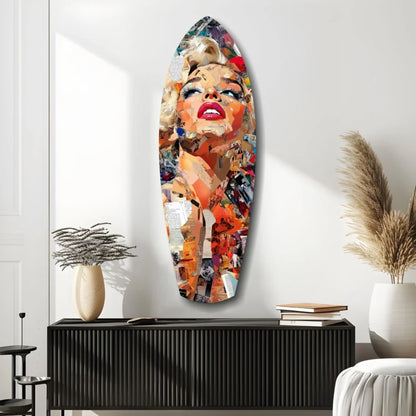 Marilyn Monroe surfboard tempered glass art with bold red lips