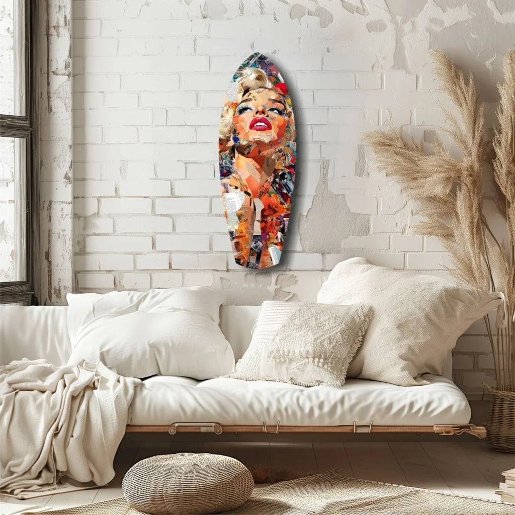 Marilyn Monroe surfboard tempered glass art with bold red lips