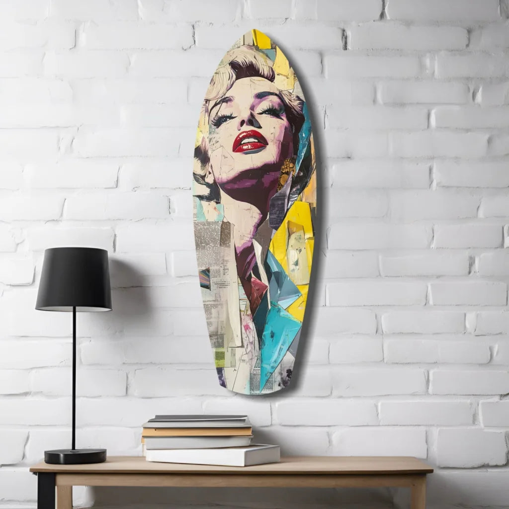 Vibrant pop-art Marilyn Monroe on surfboard tempered glass art