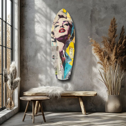 Vibrant Marilyn Monroe tempered glass art with bold pop colors on surfboard design