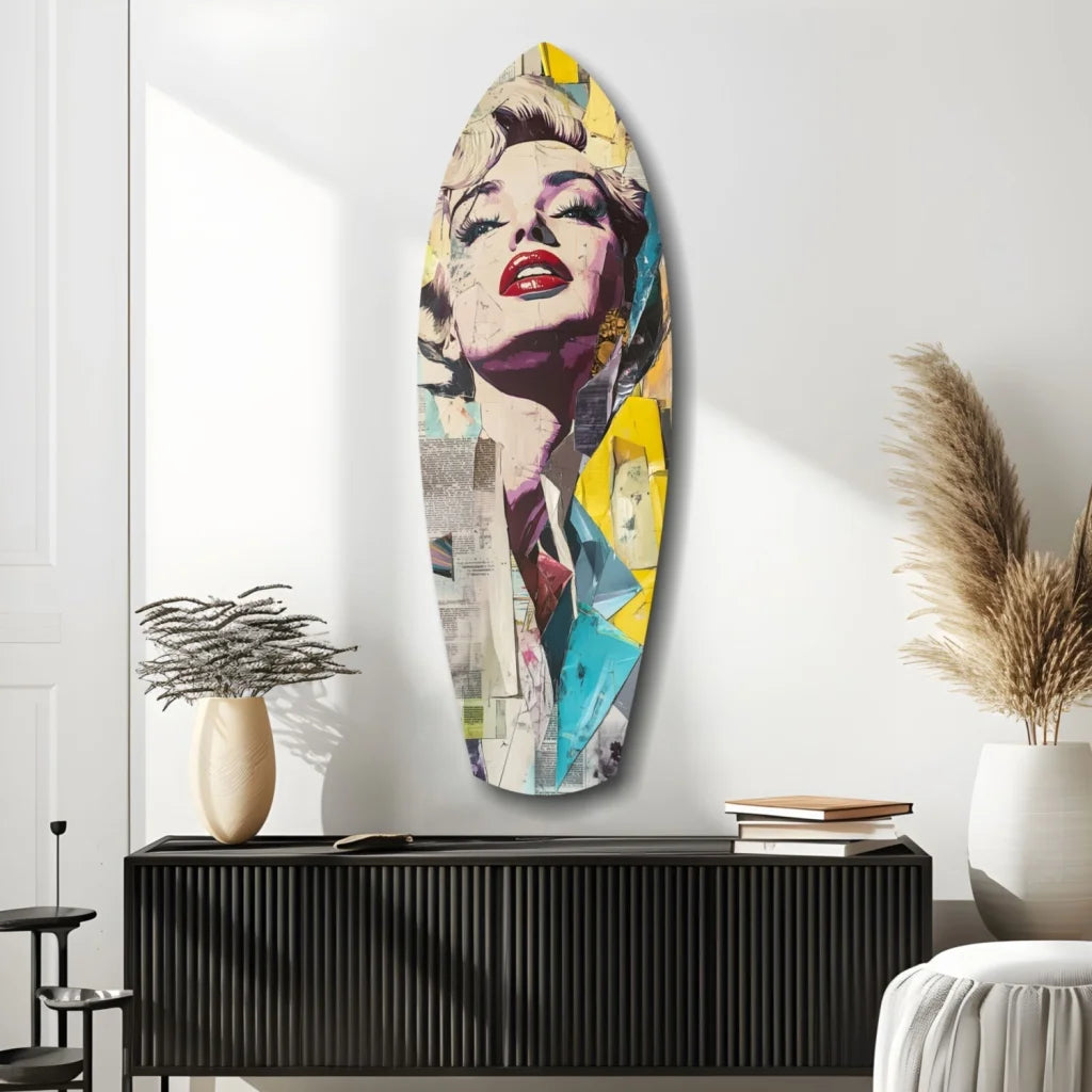 Vibrant Marilyn Monroe glass art on surfboard-shaped tempered glass