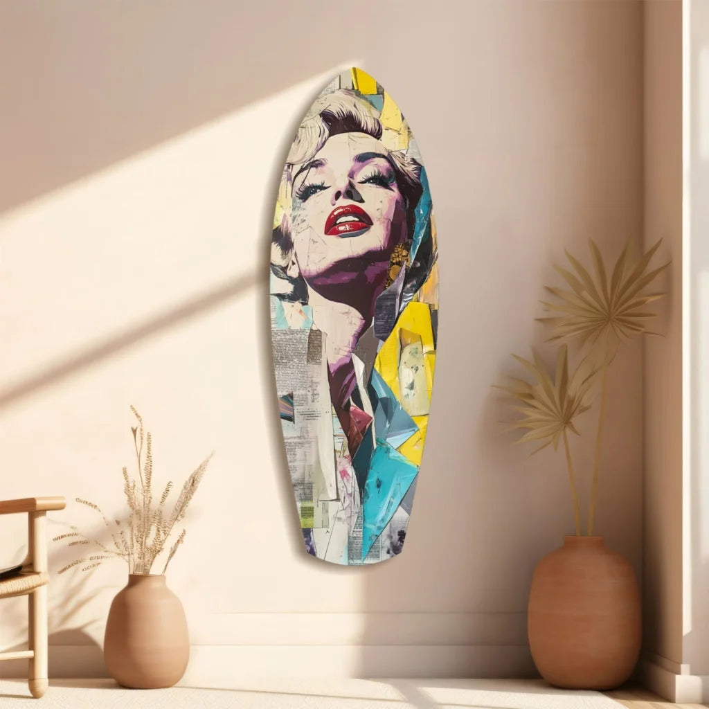 Vibrant Marilyn Monroe tempered glass art surfboard with bold pop colors