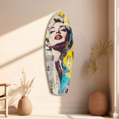 Vibrant Marilyn Monroe tempered glass art surfboard with bold pop colors