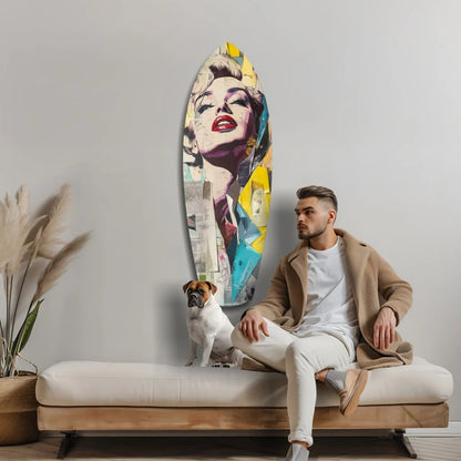 Vibrant Marilyn Monroe tempered glass art surfboard with bold pop colors