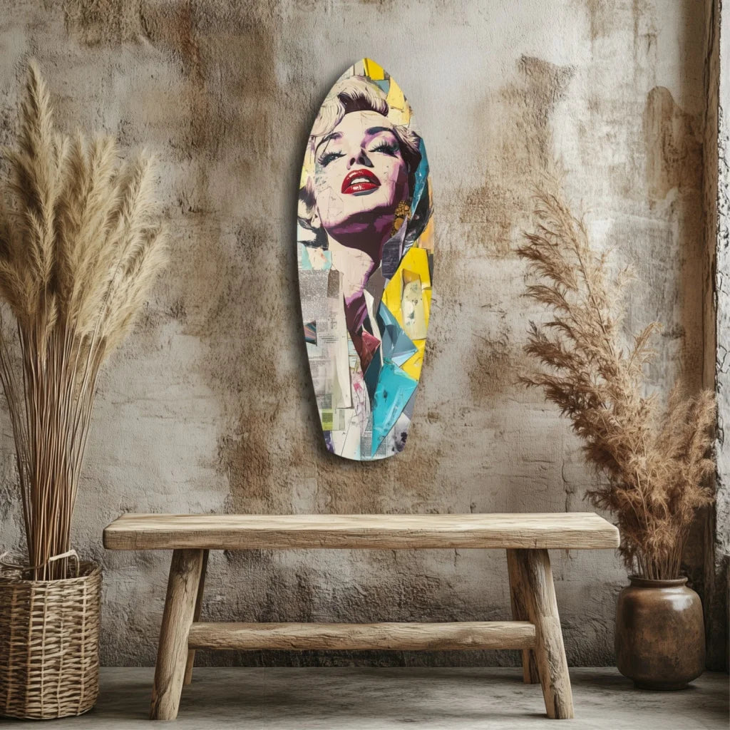 Vibrant Marilyn Monroe tempered glass art surfboard with bold pop colors