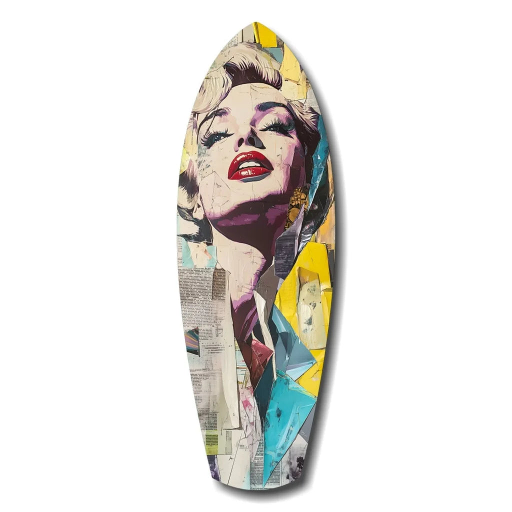 Vibrant Marilyn Monroe tempered glass art surfboard with bold pop colors