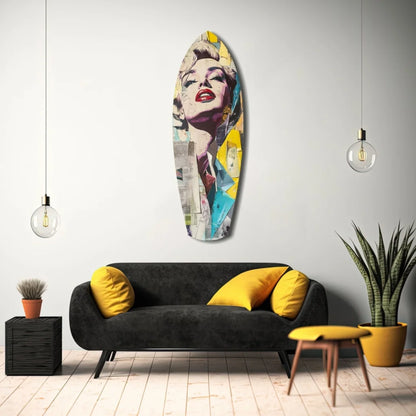 Vibrant pop-art Marilyn Monroe on surfboard tempered glass art
